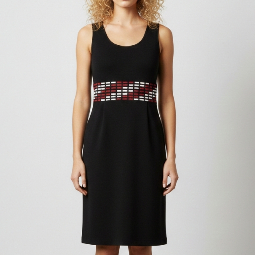 Grace Knit Dressing, Black Sleeveless Dress W/ Red & Ivory Front Waistband PS